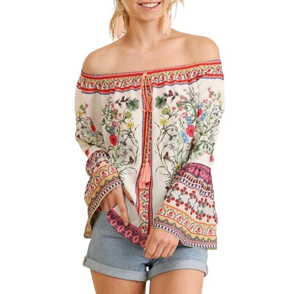 Umgee Boho Top Womens M Off The Shoulder Floral Forest Fairy Bell Sleeve - Picture 1 of 10